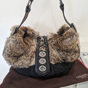 Coach rabbit fur nylon shoulder bag W dust bag